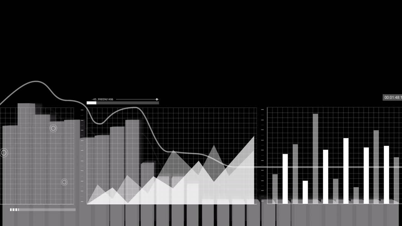 Animation of statistics and data processing over black background