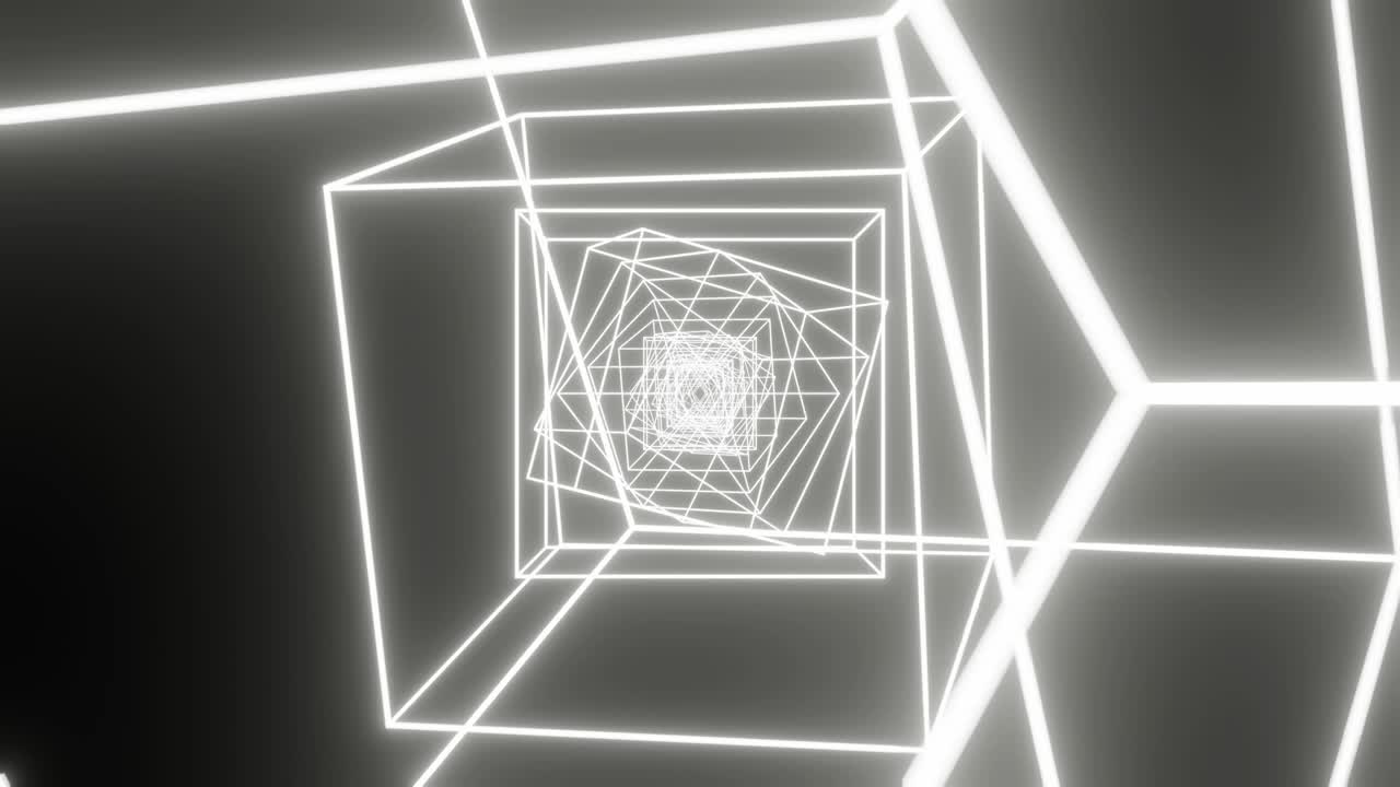 túnel futurista con cubos brillantes de neón blanco sobre un fondo negro. concepto creativo simple movimiento gráfico sin costuras en bucle fondo animado