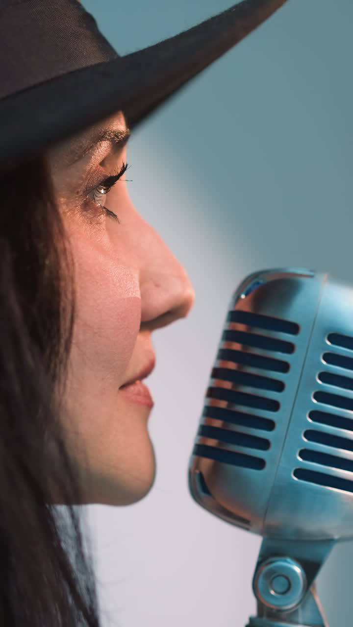 검은 모자를 입고 파란색 배경에 빈티지 마이크를 들고 있는 가수의 가까운 측면 뷰. 초점과 열정으로 공연하는 가수의 얼굴과 표정