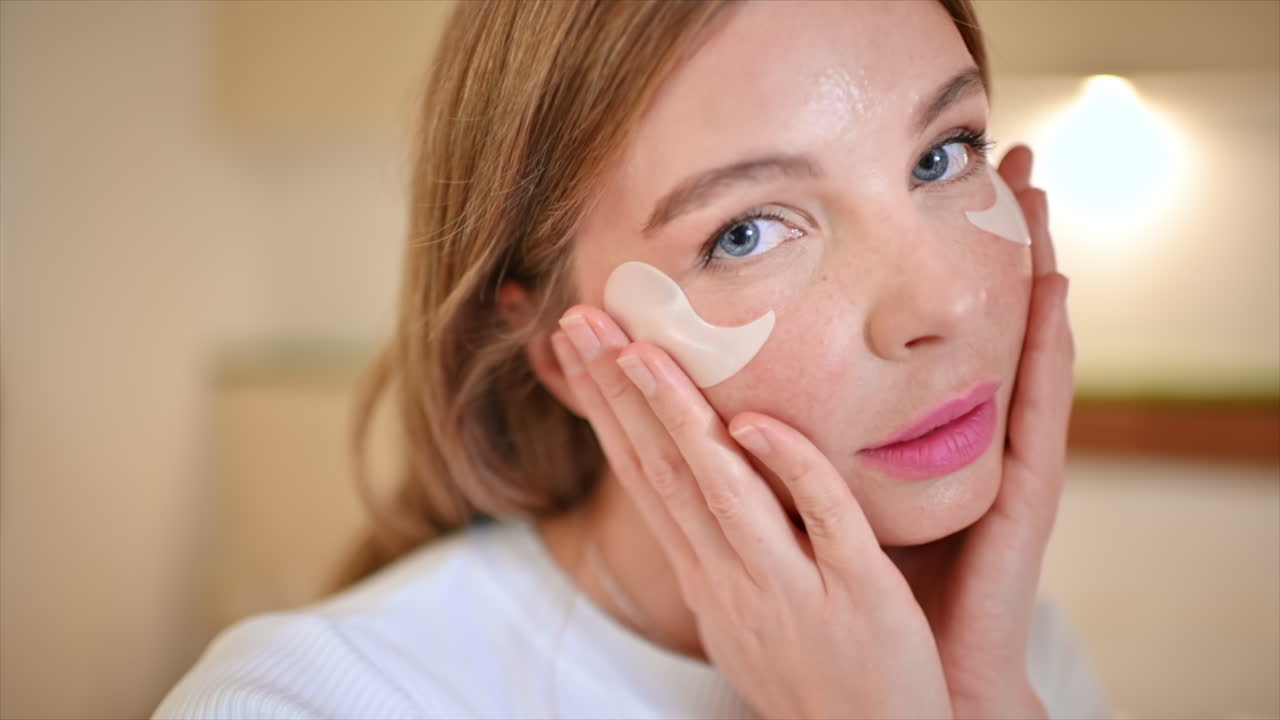 Woman applying eye patches for skin care