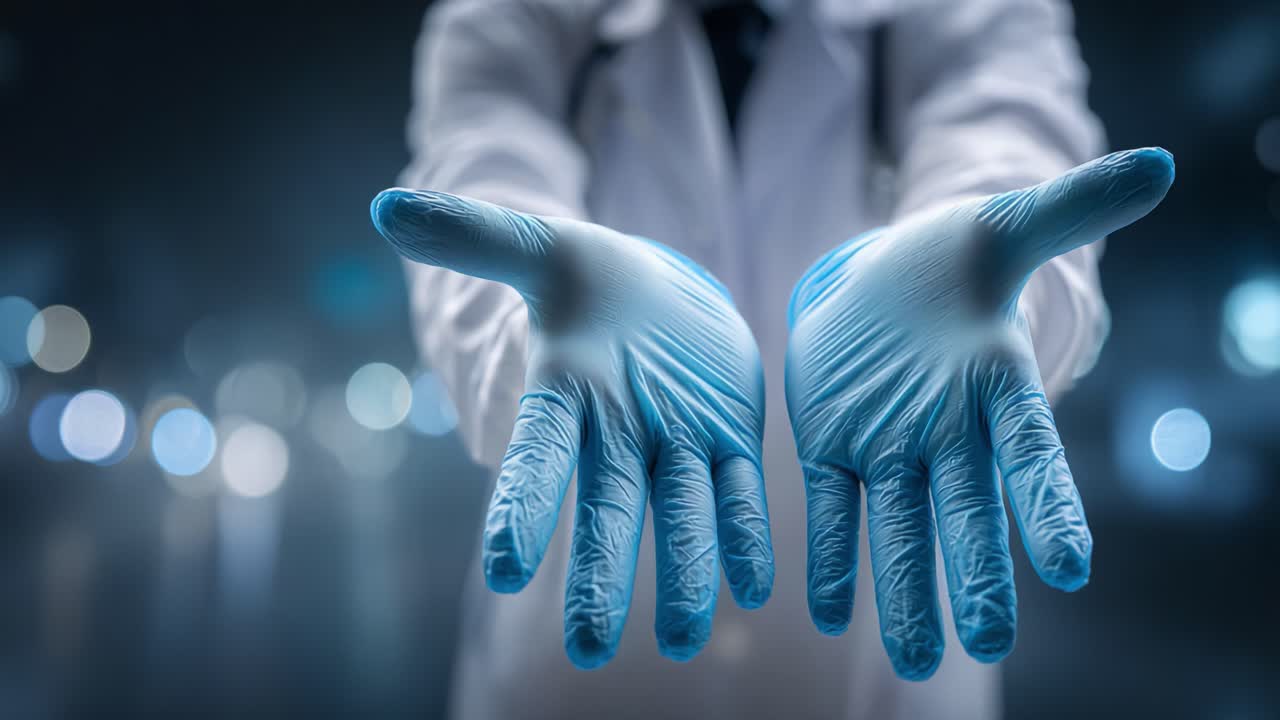 Un medico che allunga le mani, protette da guanti, in segno di preparazione, a simboleggiare la prontezza e la cura nelle pratiche sanitarie, con uno sfondo dai contorni sfumati e luci soffuse