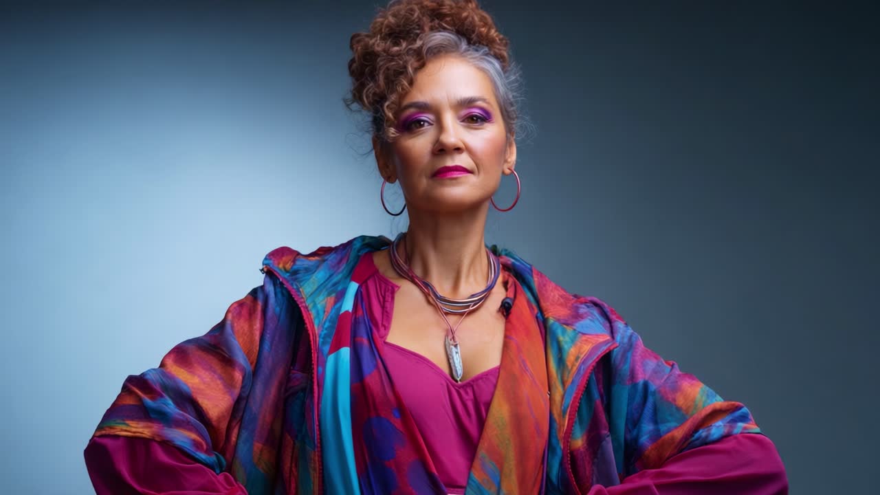Donna sicura di sé e radiosa in primo piano con trucco audace e abbigliamento colorato che esprimono sicurezza e individualità in una sessione di ritratto dinamica
