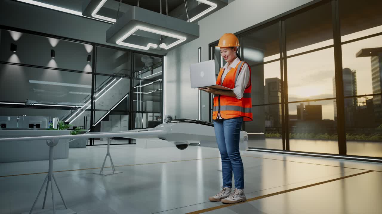 Female Engineer Working on Drone Design in a Modern Facility