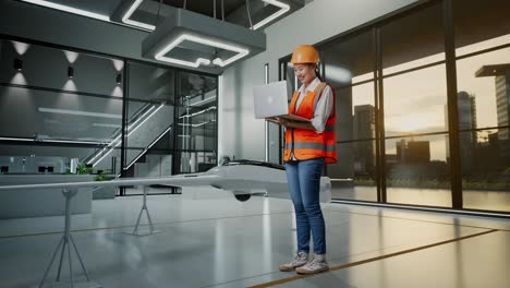 ingeniera femenina trabajando en el diseño de drones en una instalación moderna