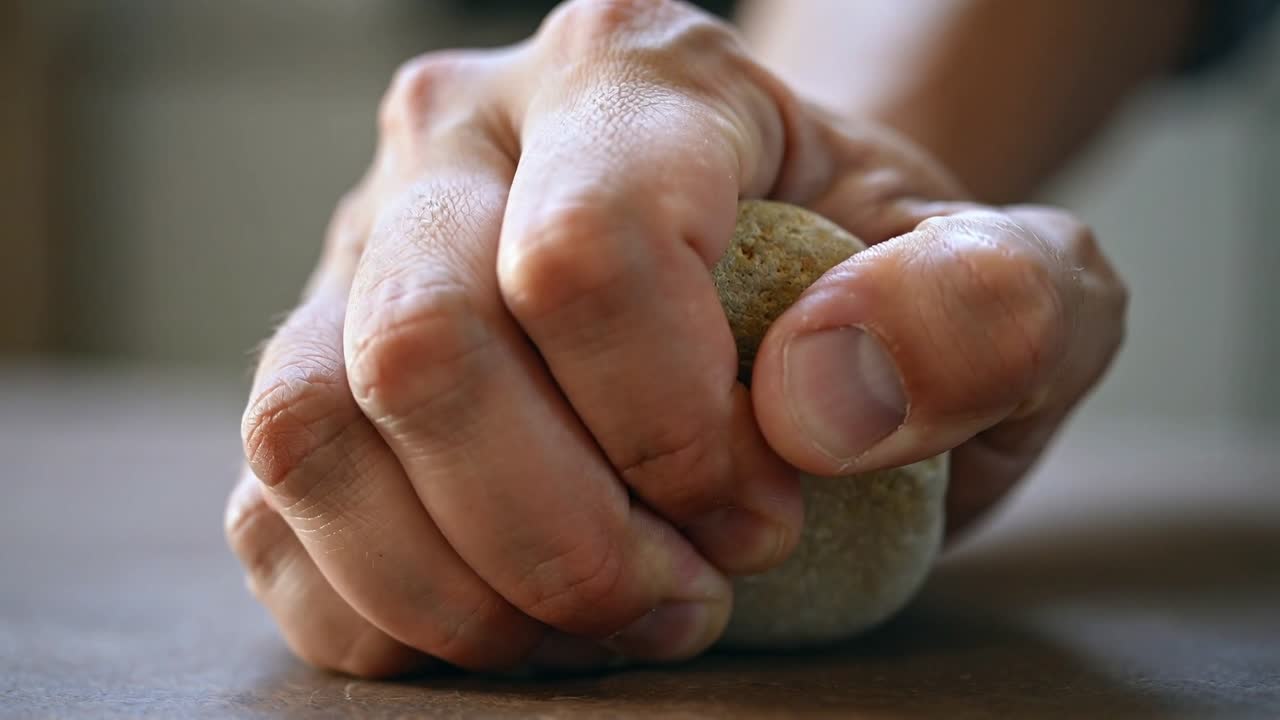 Closing hand, adult hands pressing and rolling small dough ball on kitchen counter, to bake