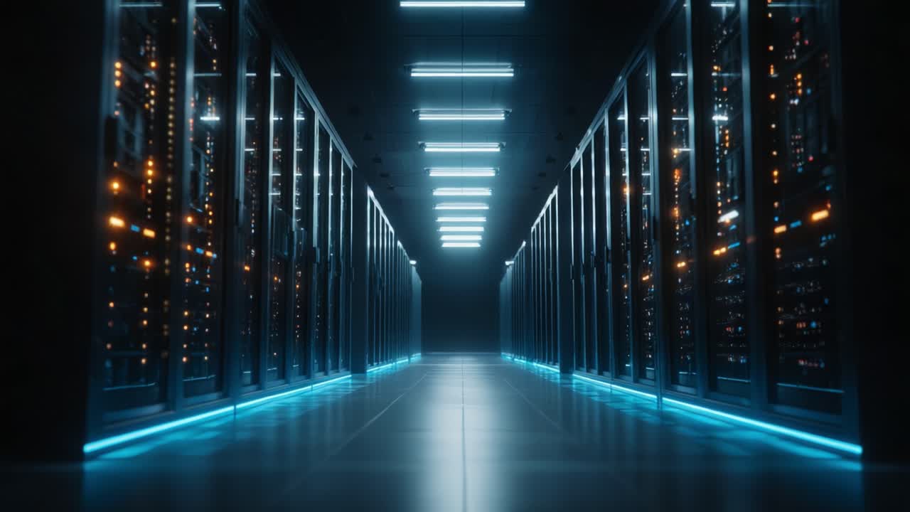 Exploring the Depths of a Modern Data Center: A Visual Journey Through Rows of Server Racks Illuminated by LED Lights and Reflective Floors