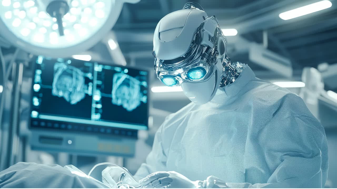 Robot does surgery in hospital. A robot works on a patient in a hospital setting with screens showing medical scans in the background