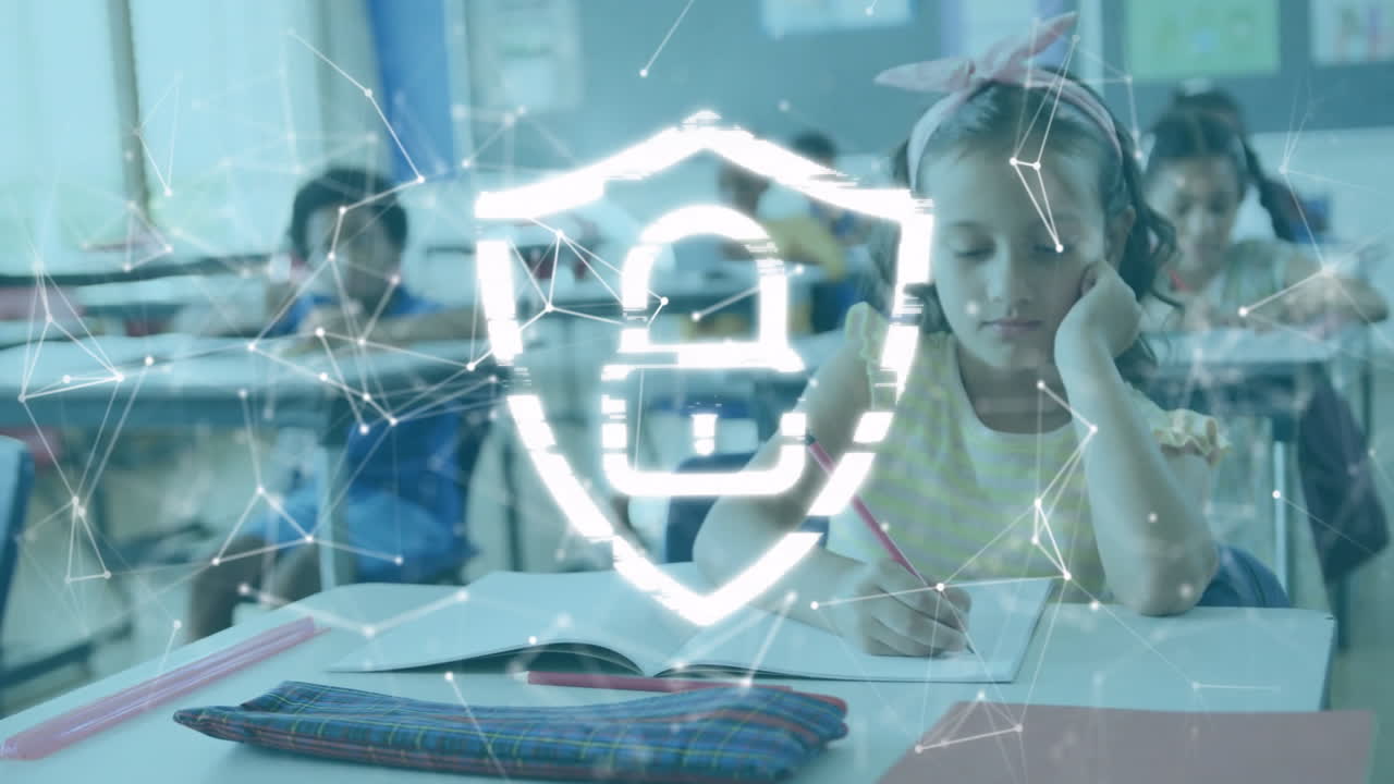 Animation of shapes and padlock over diverse schoolchildren learning in classroom