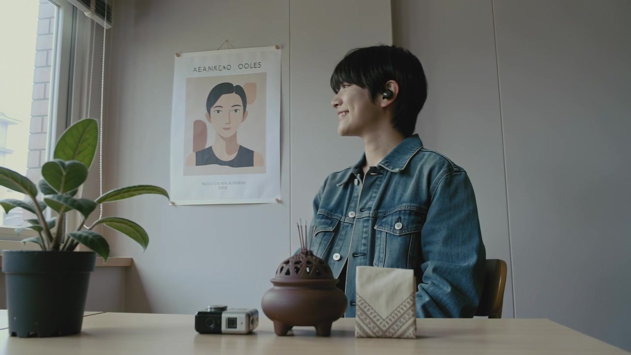 香炉とカメラを前にテーブルに座る若者