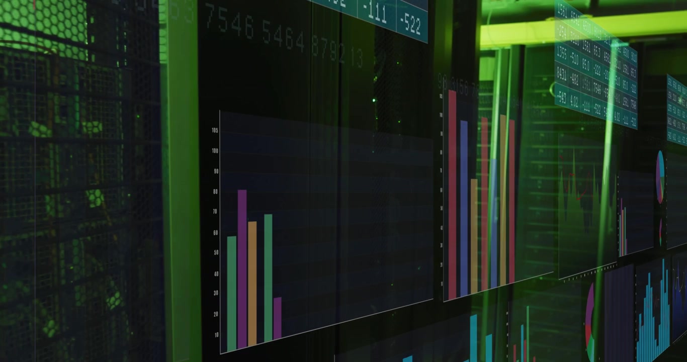 Animation of screens with statistical data processing against computer server room