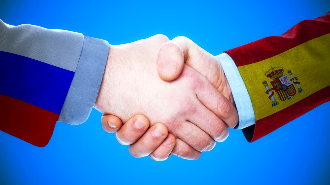 Rusia - España / Animación conceptual de apretón de manos sobre países y política / Con canal mate