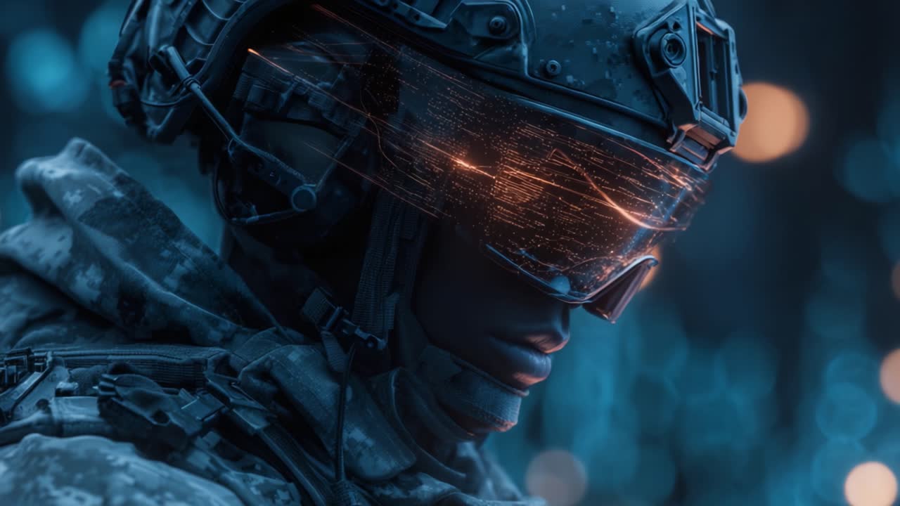 Un soldato futuristico con visore ad alta tecnologia: fusione della realtà con l'aumentazione digitale, che rappresenta la convergenza tra tecnologia e guerra in un'immagine affascinante