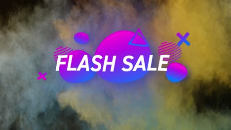 animatie van flash verkoop tekst met vormen over kleurrijk poeder op zwarte achtergrond