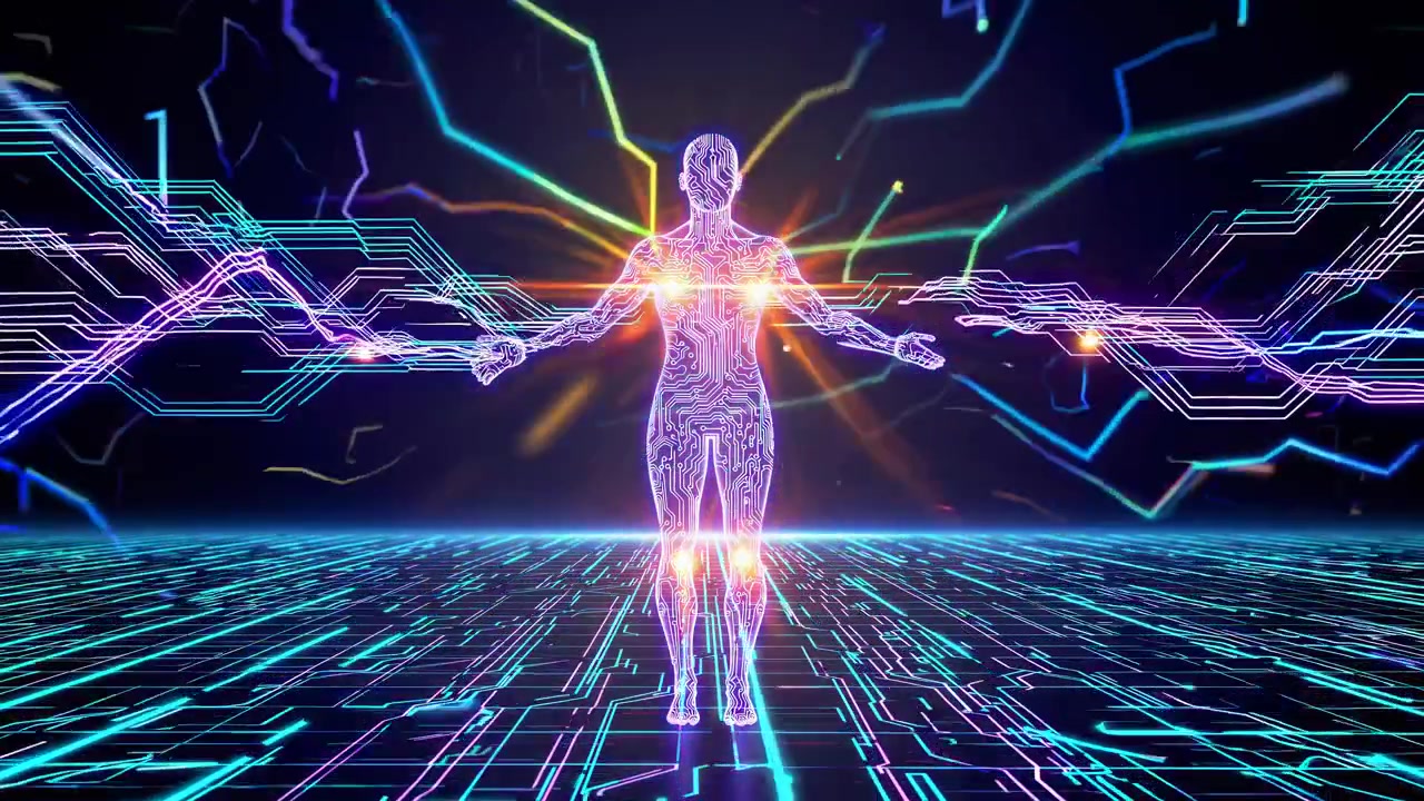 Silhouette umana digitale con motivi a circuito stampato e flusso di energia