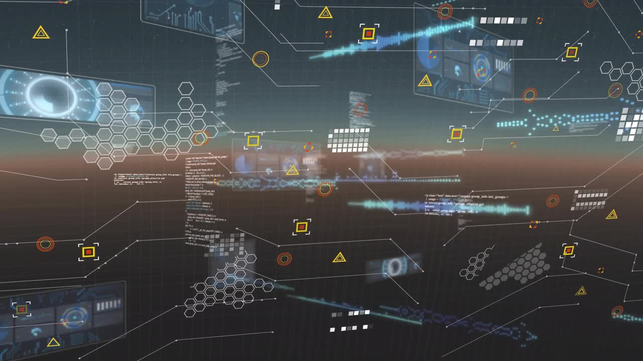 Holographic data network animating from signal, panels pulsing and scrolling to show live metrics