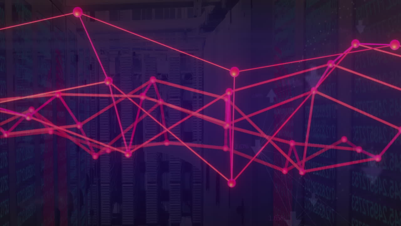 Animation of connected dots and arrows over data server systems in server room