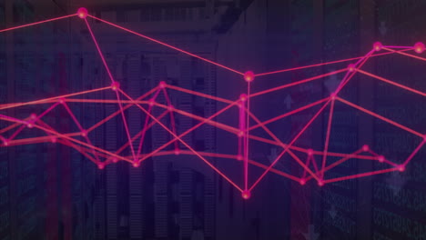 animación de puntos y flechas conectados sobre sistemas de servidores de datos en la sala de servidores