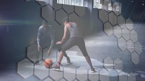 Animation-Eines-Weißen-Gitters-über-Einem-Mann-Und-Einer-Frau,-Die-Basketball-Spielen