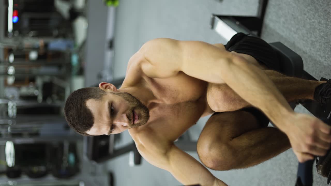 atleta sin camisa entrenando máquina de remo ejercicio de resistencia intenso entrenamiento, cámara lenta