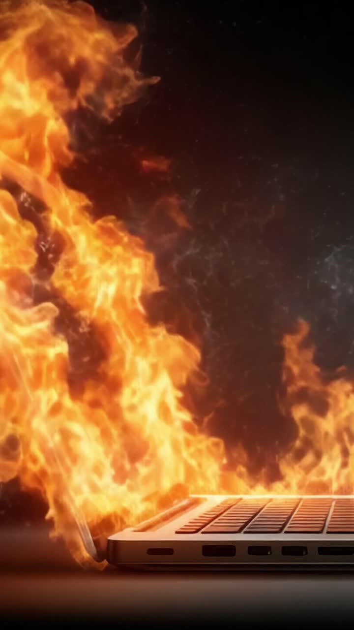 En visuelt slående skildring af en bærbar computer, der fortæres af flammer, og som fremhæver temaer som varme, teknologi og transformation i en dramatisk opsætning