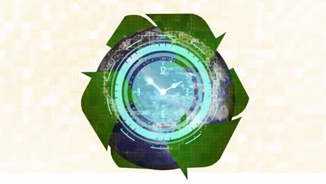 Animation-of-recycling-symbol-over-clock-with-moving-hands-and-rotating-globe