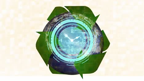 animation of recycling symbol over clock with moving hands and rotating globe