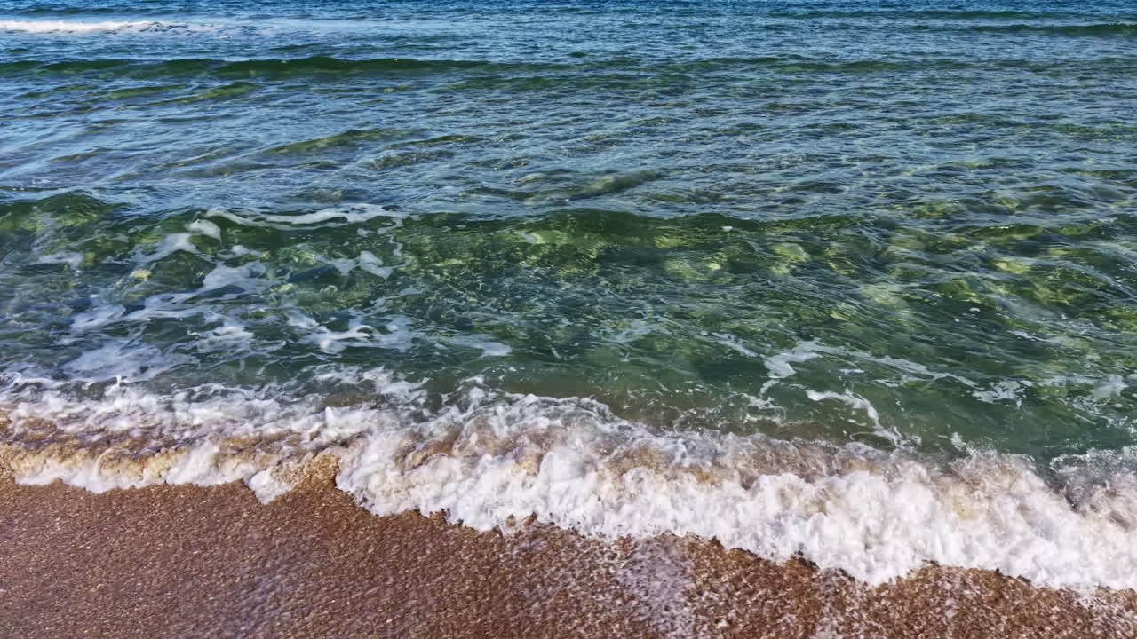 Le onde lambiscono dolcemente la riva sabbiosa sotto il sole splendente su una spiaggia tranquilla durante un bel pomeriggio estivo