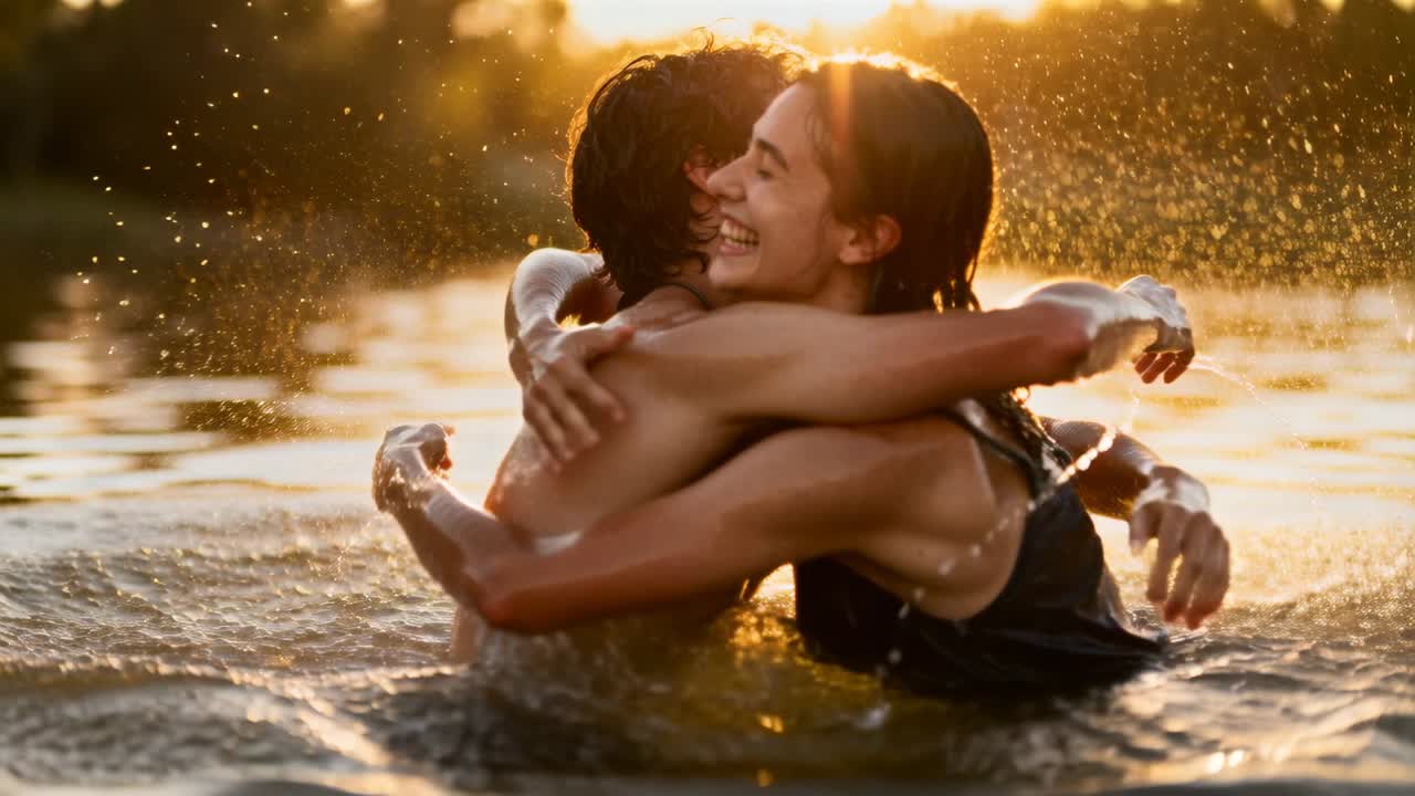 Vídeo vertical: Casal adolescente se encontrando, contato visual resultando em abraço, expressando romance em um lago ensolarado.