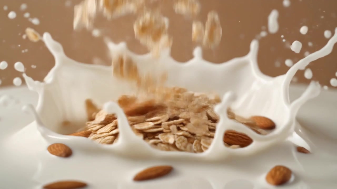 Mandorle e avena che cadono nel latte creando uno schizzo