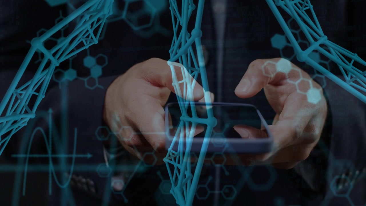 Man in suit tapping smartphone, initiating blue tech mesh overlays, scrolling code, analyzing data