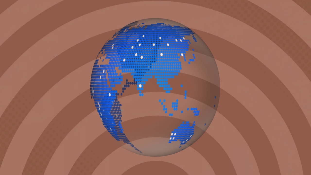 동심 원을 배경으로 한 파란색 디지털 대륙 애니메이션으로 회전하는 지구