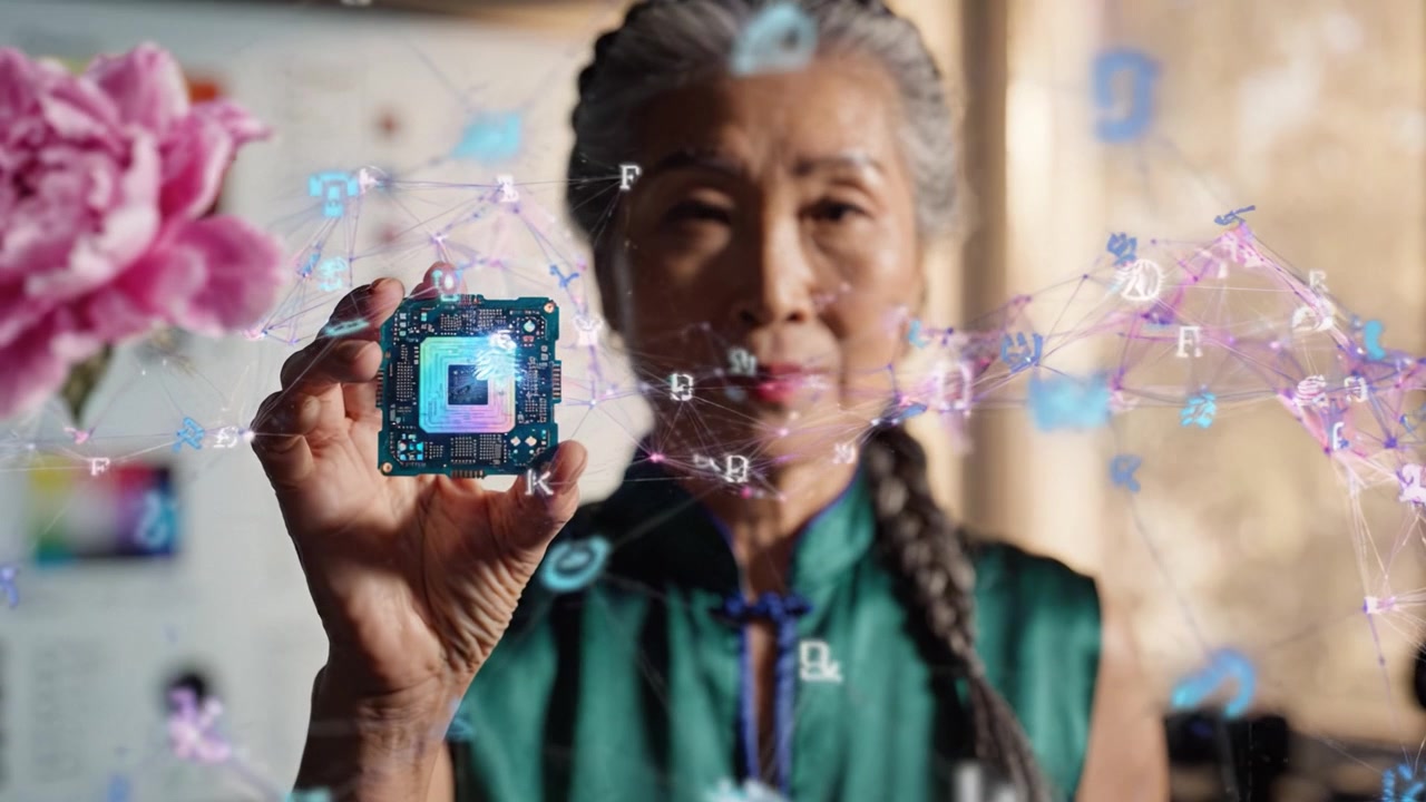Innovative Technology Demonstration: A Senior Woman Interacting with a Microchip Surrounded by Floral Graphics and Digital Elements in a Modern Workspace