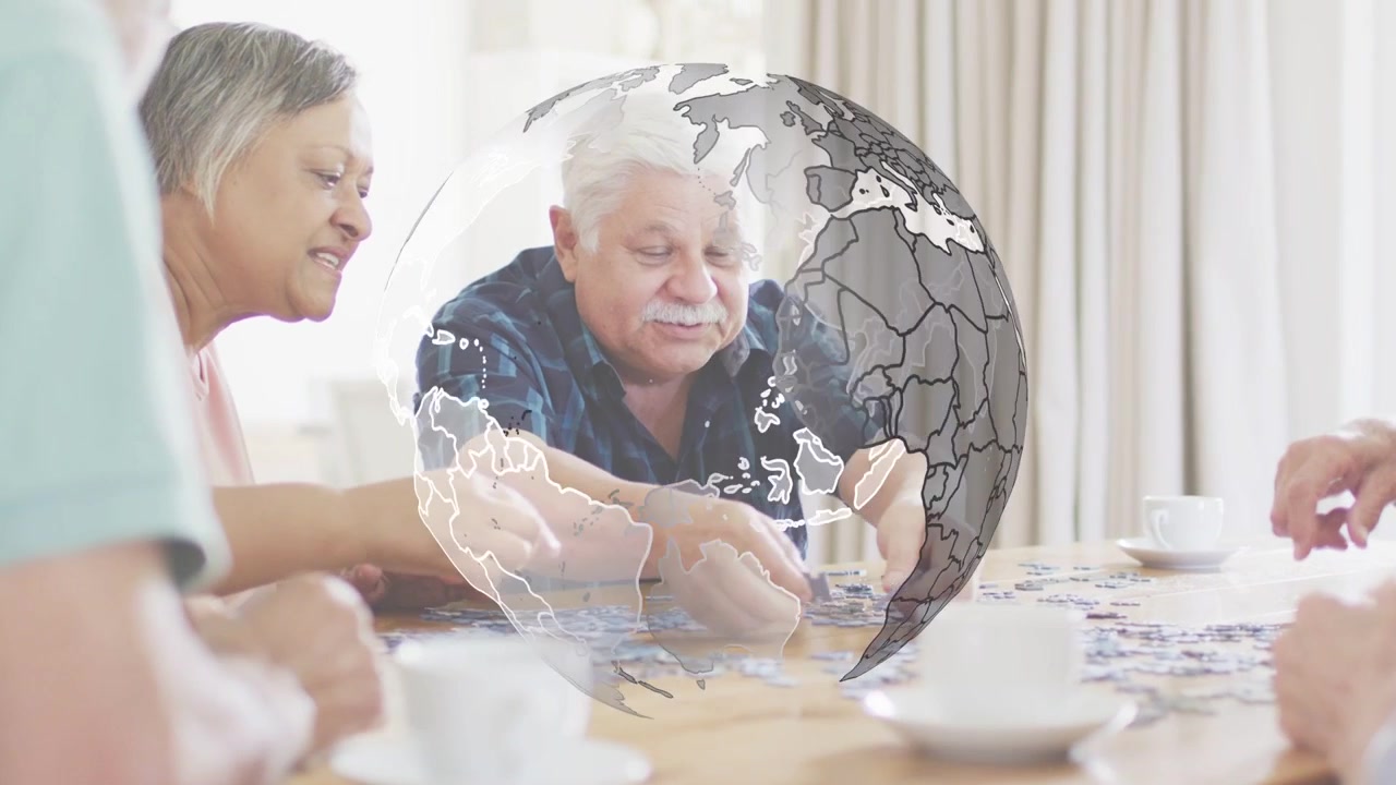 Homme âgé assemblant une pièce de puzzle, guidé par une femme pour sa santé, avec une superposition d'un globe en rotation.