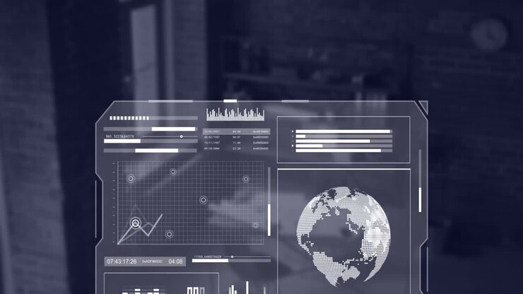 Animation of interface with data processing against empty office