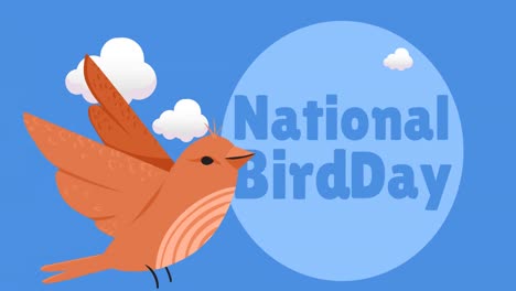 animation of national bird day text in blue, with brown bird and clouds on blue sky background