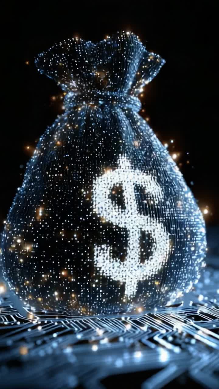 Un sacco di denaro digitale luminoso: rappresenta ricchezza e prosperità attraverso tecniche di animazione e tecnologia innovative in un ambiente high-tech