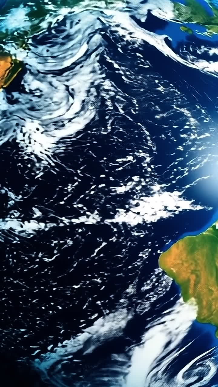 View of Earth from space at daytime. The planet Earth is depicted from space, showcasing blue oceans and green landmasses under bright sunlight.