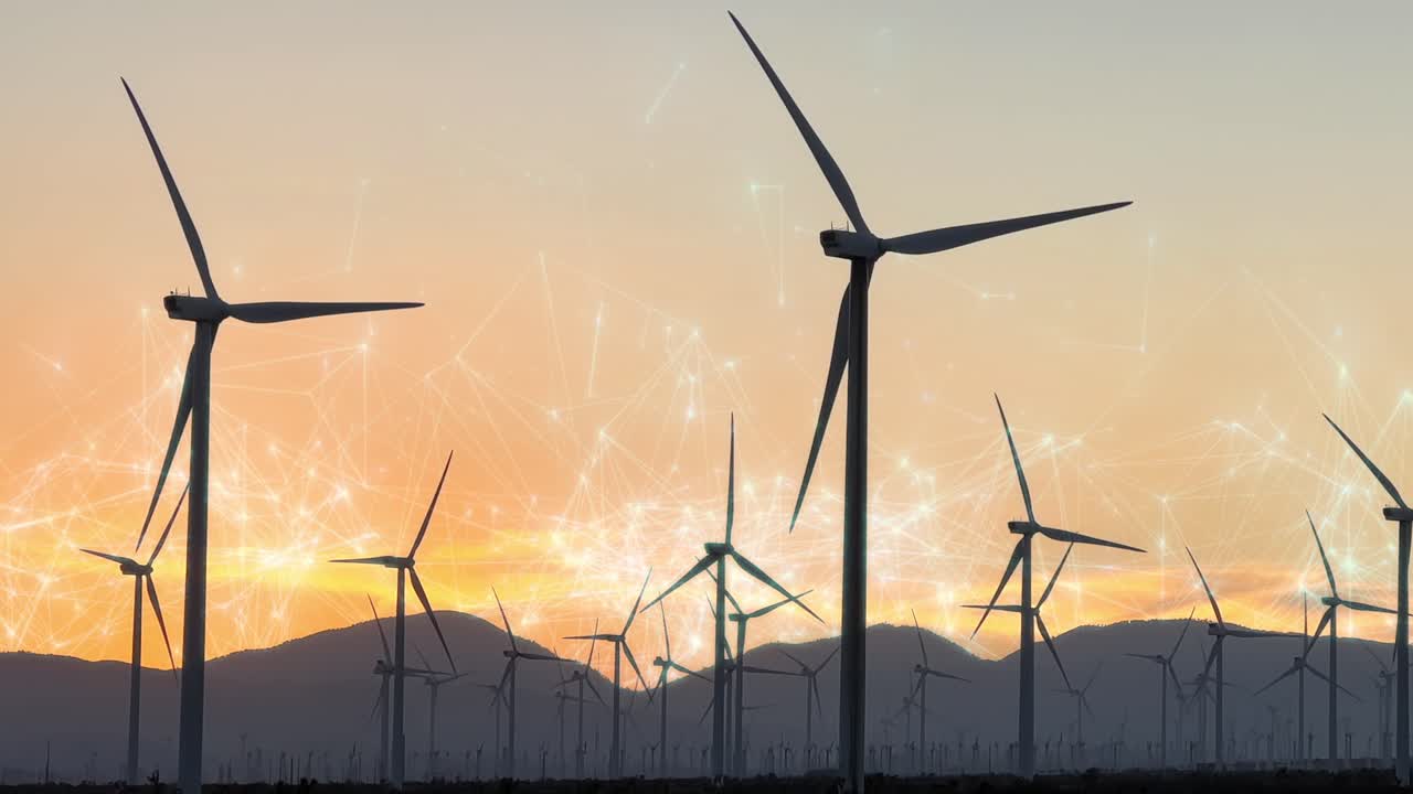 Wind Turbines with VFX overlay graphics at sunset, renewable energy concept static shot