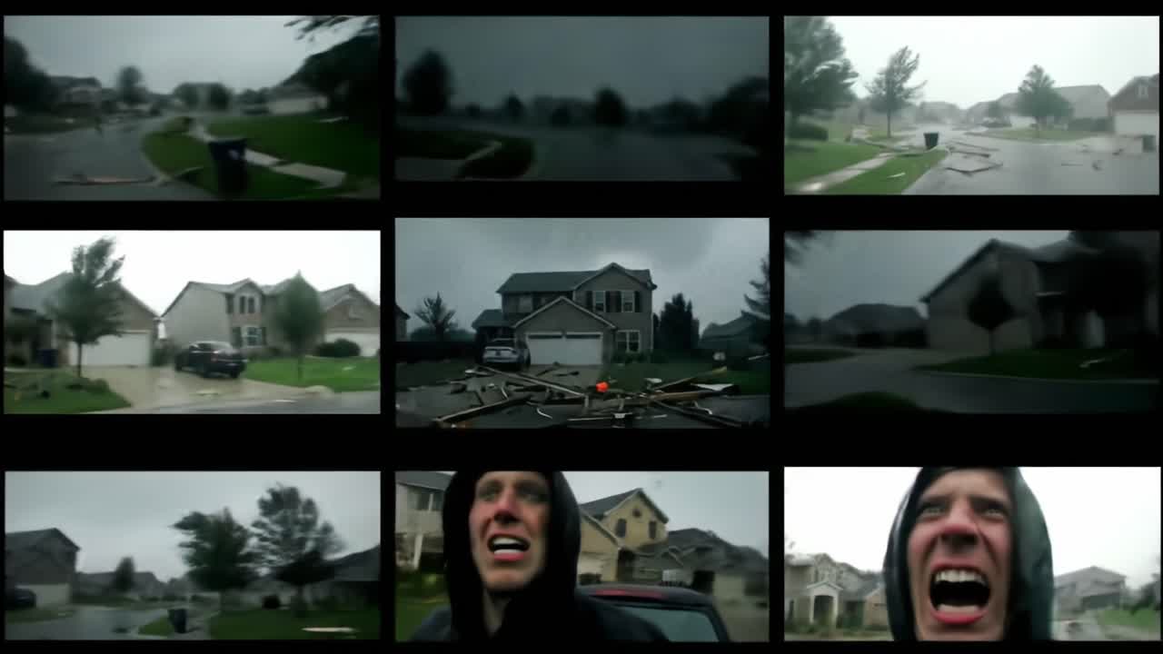 Strong winds and rain wreak havoc in a suburban neighborhood, leaving debris scattered and homes damaged. A person expresses shock and fear at the scene of destruction.