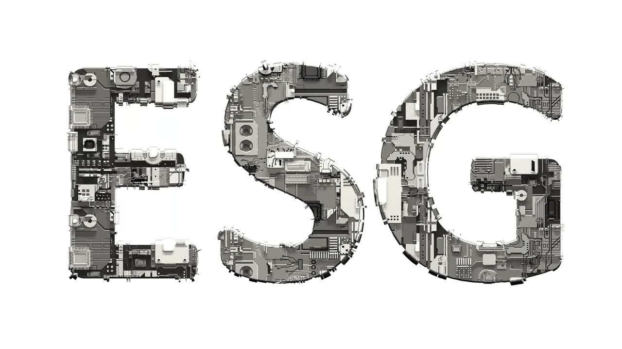 esg texto de chatarra de metal tecnogénico detalles cibernéticos, aislados - video de bucle