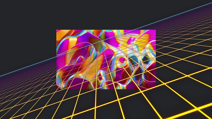 Animation of multicolored dynamic waves and grid pattern over black background