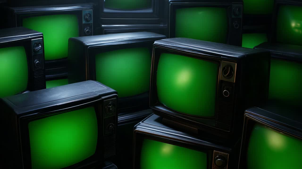 A Surreal Collection of Vintage Televisions Displaying Vibrant Green Screens in a Piled Arrangement, Creating a Unique Aesthetic Image that Captures the Eye and Stimulates Imagination
