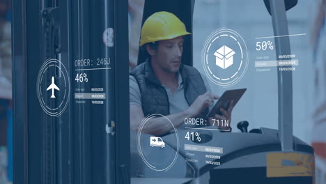 warehouse worker using tablet, logistics data processing animation over operations