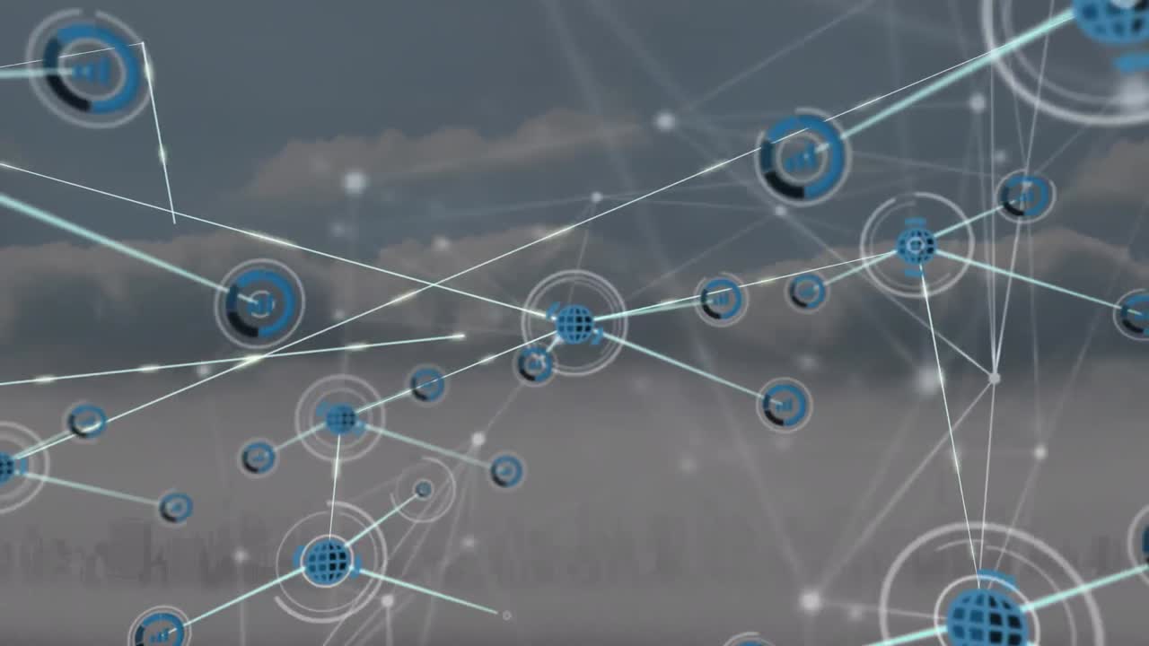 este video representa un paisaje urbano con una red de conexiones superpuestas sobre él.