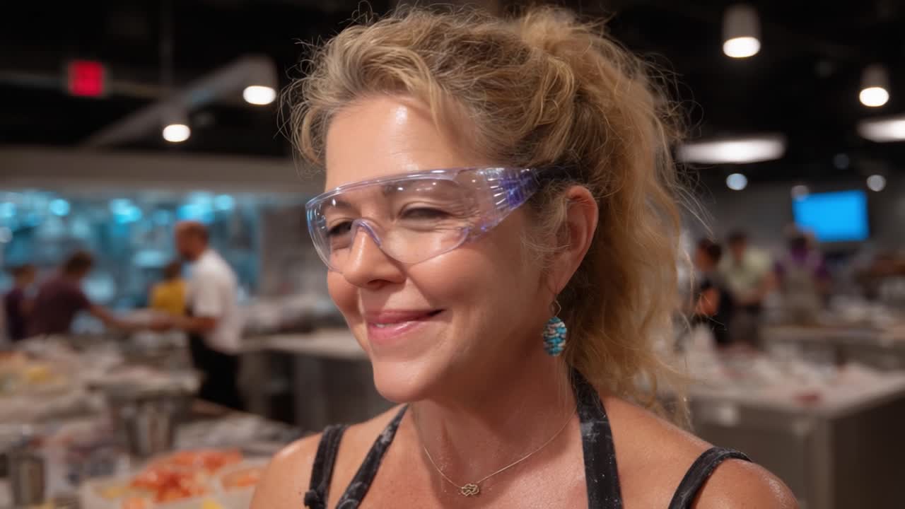 Concentrati sulle competenze culinarie: uno chef sicuro di sé che indossa occhiali protettivi in una vivace cucina, che mostra entusiasmo e professionalità in cucina
