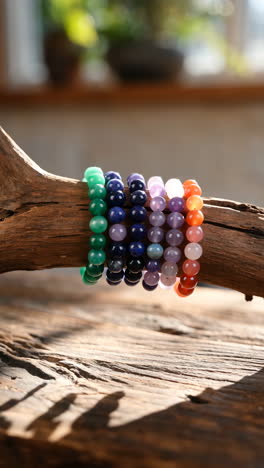 colorful gemstone beaded bracelets on driftwood