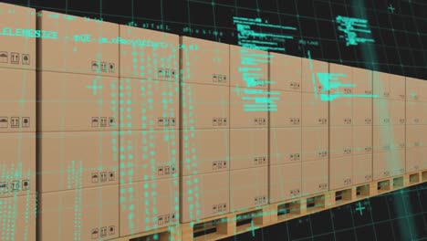 animation of financial data processing over cardboard boxes on conveyor belt