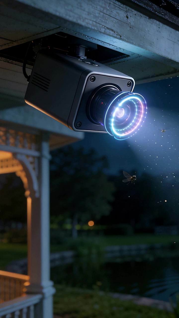 Video verticale: illuminazione di un anello LED su una telecamera box che illumina il portico, attirando falene e particelle