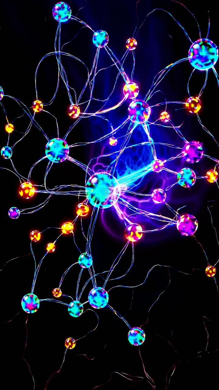 Video astratto di una rete neurale luminosa con nodi e connessioni vibranti