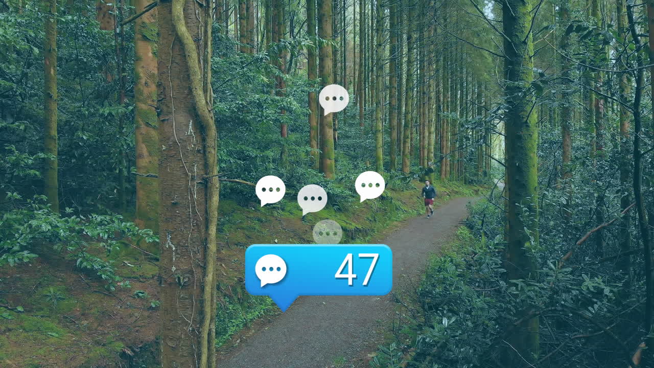 Male jogger running forest trail while floating chat bubbles showing messaging digital marketing